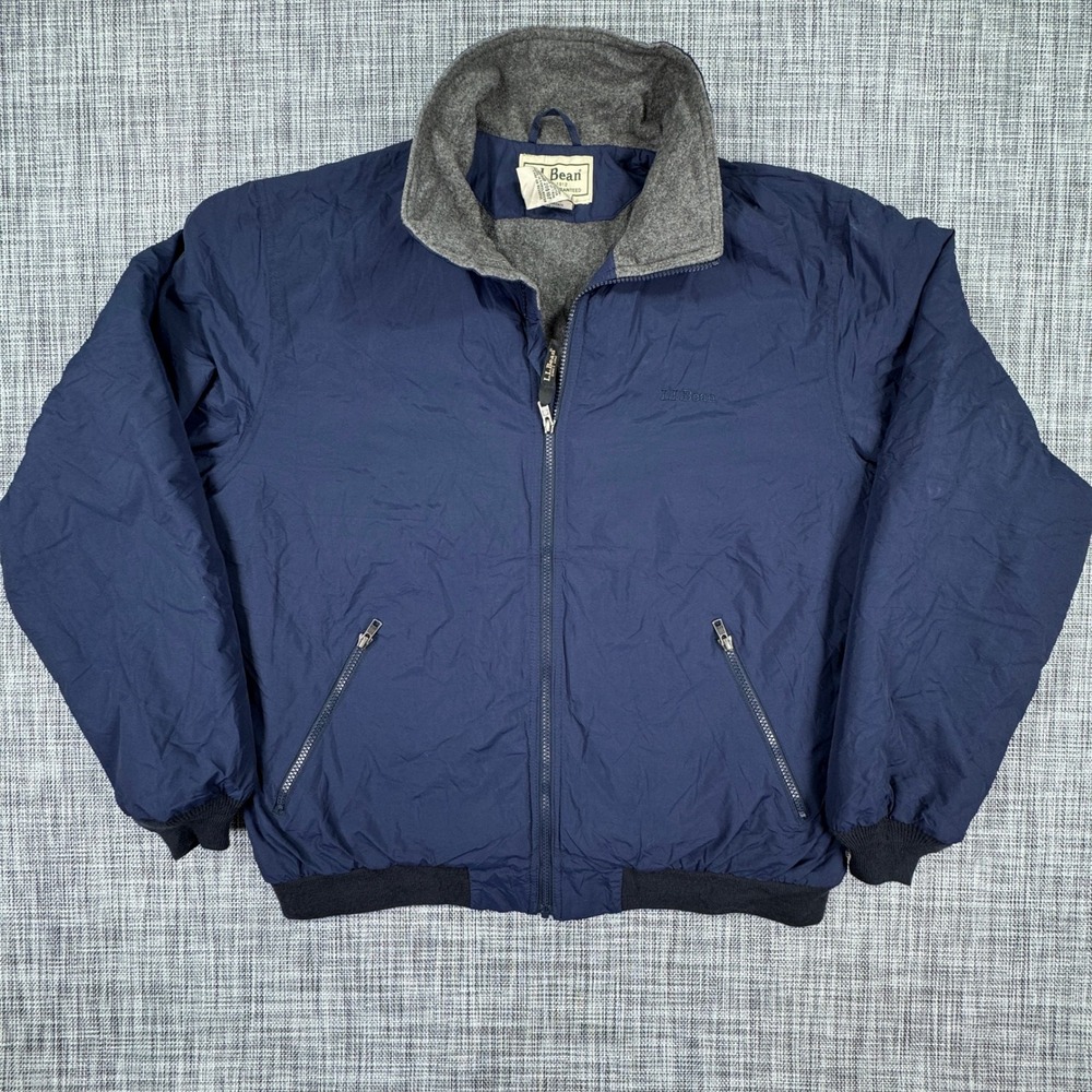 LL Bean Mens Large Warm-Up Jacket Navy Blue Nylon Fleece Lined Bomber Full Zip